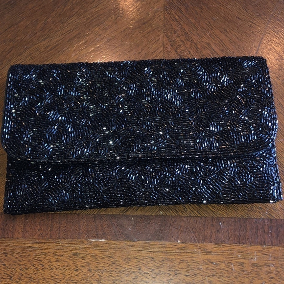 Valerie Stevens Black & Gold Tone Vintage Seed Bead Beaded Evening Bag Clutch - Picture 14 of 14